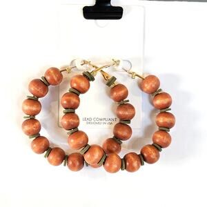 Wood Bead Hoop Earrings Brown  Boho Lightweight Pierced Retro Lead Free USA 2.3"